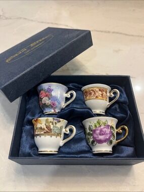 Assorted Floral Porcelain Mini Teacups in Purple and Gold Accents in satin box